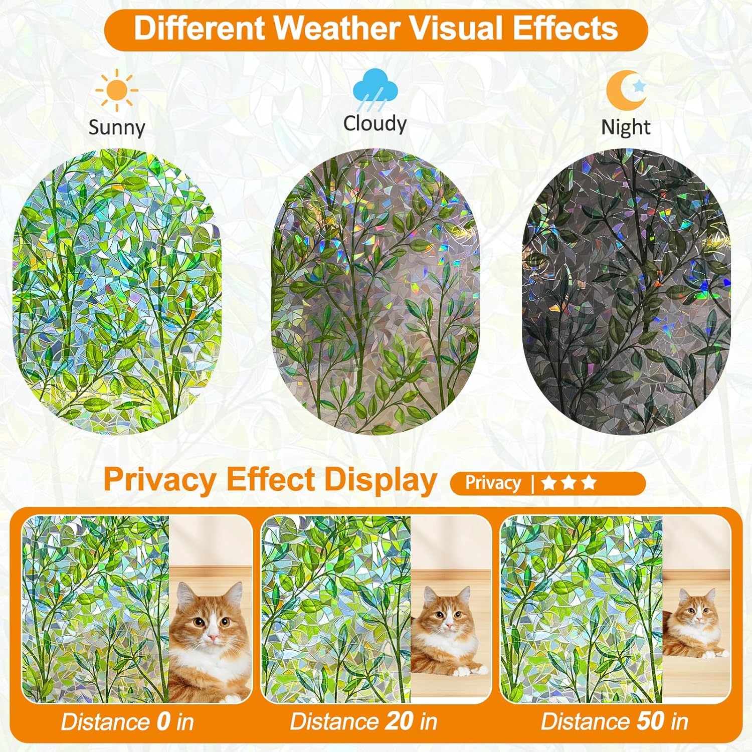 Window Privacy Film Stain Glass Window Film Rainbow Window Film Window clings Non-Adhesive Reusable Decorative for Room (Leaf Rainbow, 45.2 x 78.7 in)